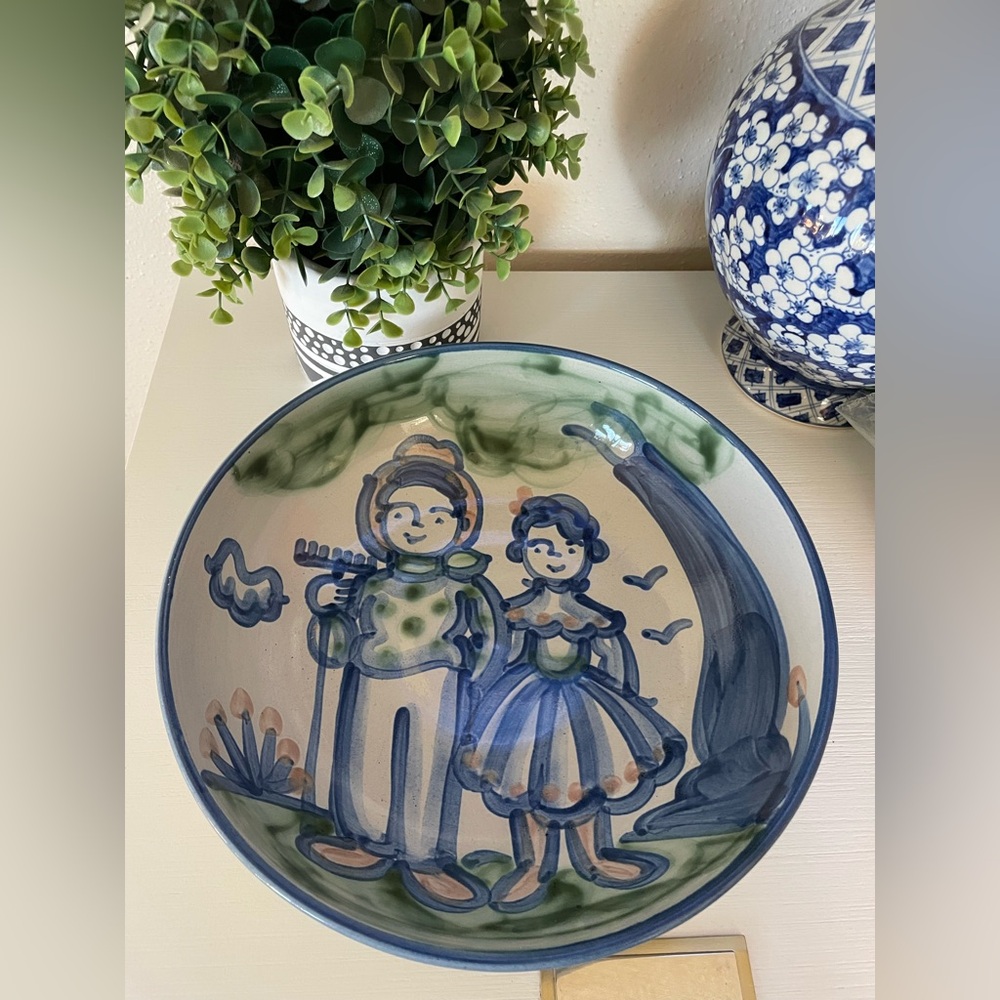 Vintage M A Hadley Pottery Farmer & Wife Large Wedding Serving Bowl 11” Signed